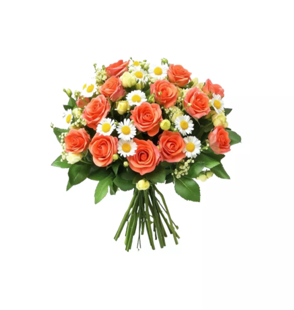 Radiant Orange Roses and Tanacetum Blend Bouquet